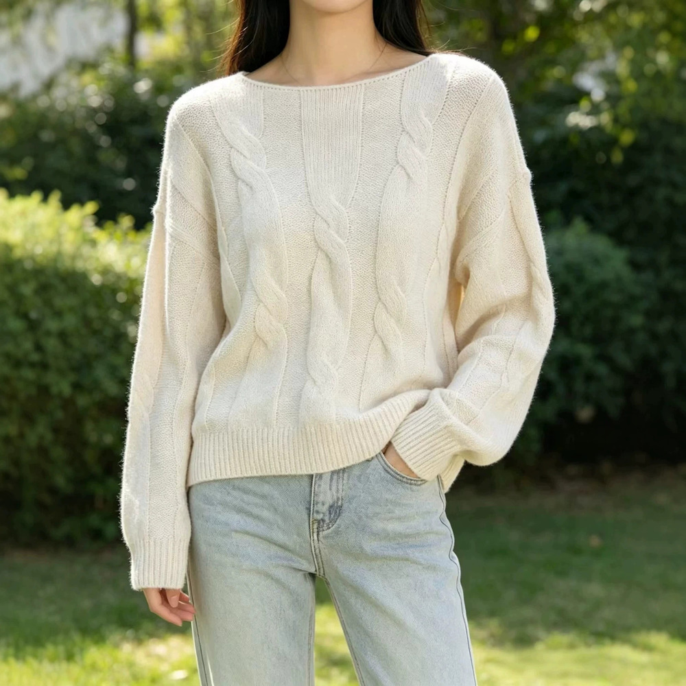 ZARA Womens Winter Solid Cable Knit Long Sleeve Crew Neck Pullover Loose Sweater